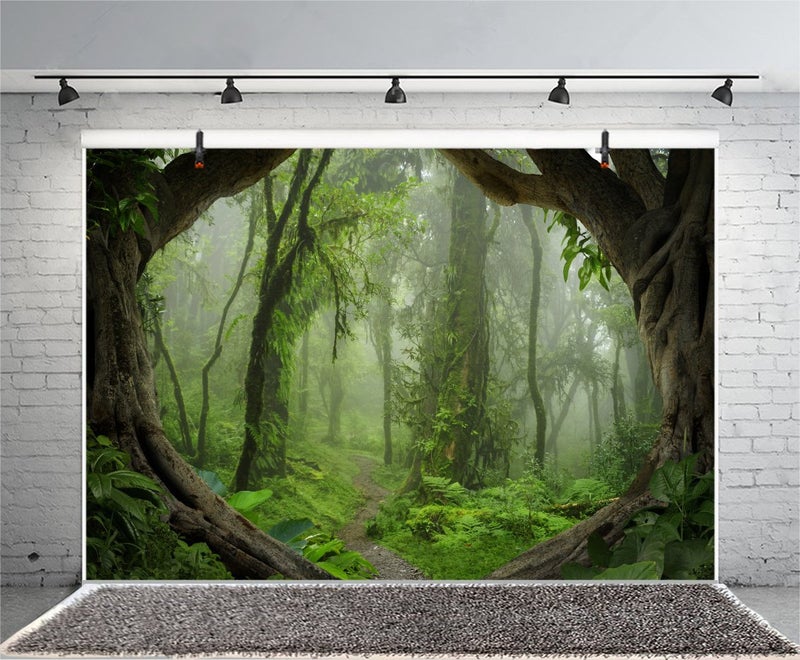 AOFOTO 8x6ft خلفية غابة استوائية أدغال مطيرة لالتقاط الصور خلفيات خيالية ضبابية أشجار خضراء عميقة ممر خلفية ضواحي نزهة تخييم كشافة مغامرة دعائم استوديو تصوير - Image 4